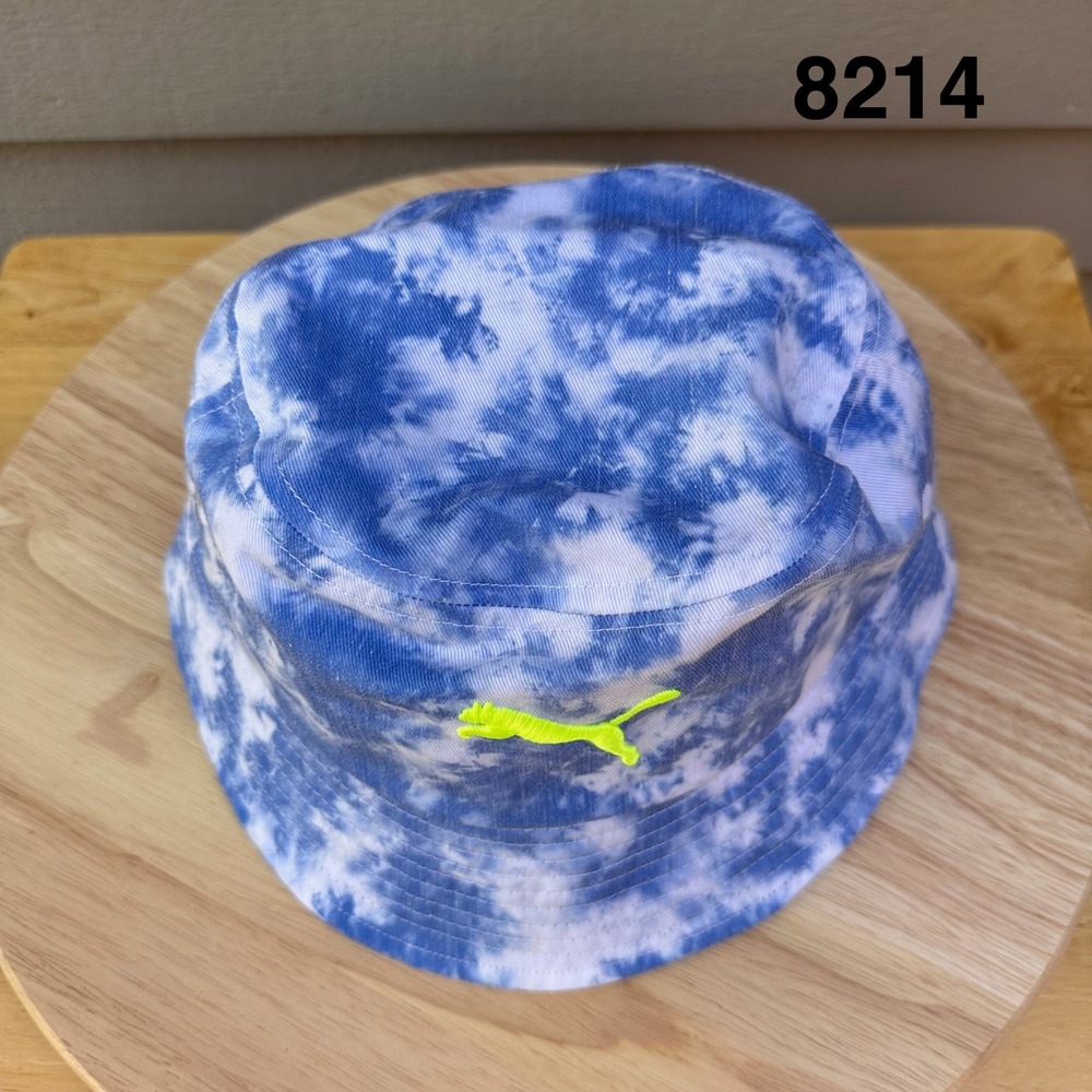 Puma Blue White Tie Dye Bucket Hat Neon Green Logo Embroidered OS